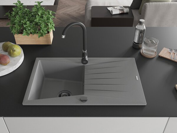 Mexen Cesar, chiuveta granit 775x470x190 mm, 1 camera, gri cu sifon negru, 6514771010-71-B