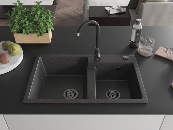 Mexen Tomas, chiuveta granit 800x500x190 mm, 2 camere, pete negre cu sifon negru, 6516802000-76-B