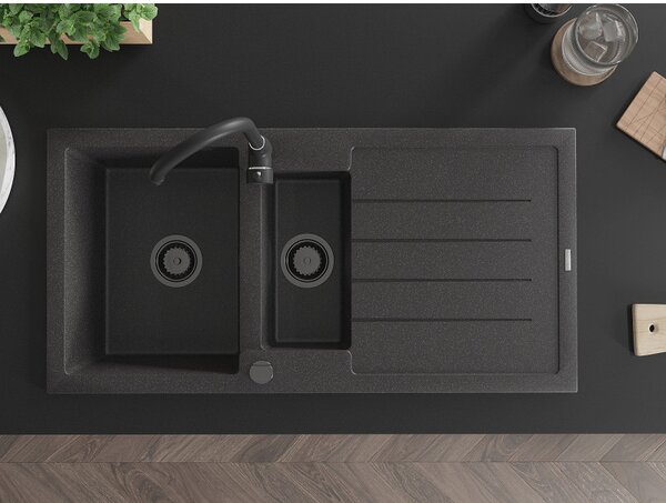 Mexen Andres, chiuvetă din granit 1000x500x200 mm, 1,5 camere, pete negre cu sifon negru, 6515101510-76-B