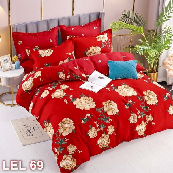 Lenjerie de pat, 2 persoane, finet, 6 piese, cu elastic, rosu , cu flori LEL69