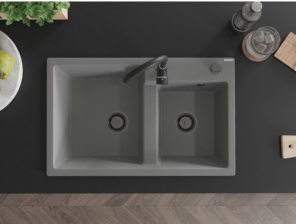 Mexen Tomas, chiuveta granit 800x500x190 mm, 2 camere, gri cu sifon negru, 6516802000-71-B