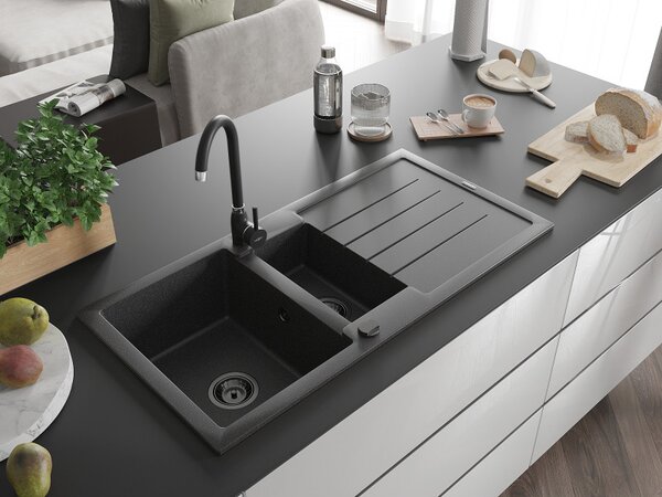 Mexen Andres, chiuvetă din granit 1000x500x200 mm, 1,5 camere, pete negre cu sifon negru, 6515101510-76-B