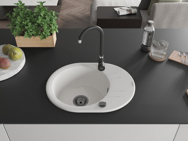 Mexen Kevin, chiuveta granit 586x458x190 mm, 1 camera, alb cu sifon negru, 6517581005-20-B