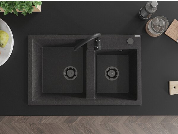 Mexen Tomas, chiuveta granit 800x500x190 mm, 2 camere, pete negre cu sifon negru, 6516802000-76-B
