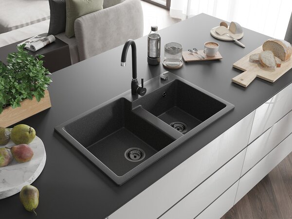 Mexen Tomas, chiuveta granit 800x500x190 mm, 2 camere, pete negre cu sifon negru, 6516802000-76-B