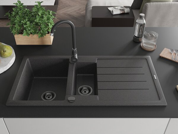 Mexen Andres, chiuvetă din granit 1000x500x200 mm, 1,5 camere, pete negre cu sifon negru, 6515101510-76-B