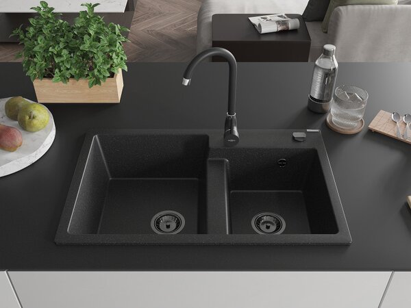 Mexen Tomas, chiuveta granit 800x500x190 mm, 2 camere, negru-argintiu metalic cu sifon negru, 6516802000-73-B