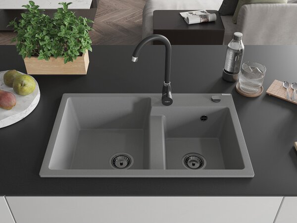 Mexen Tomas, chiuveta granit 800x500x190 mm, 2 camere, gri cu sifon negru, 6516802000-71-B