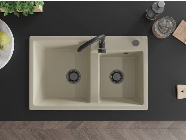 Mexen Tomas, chiuveta granit 800x500x190 mm, 2 camere, bej cu sifon negru, 6516802000-69-B