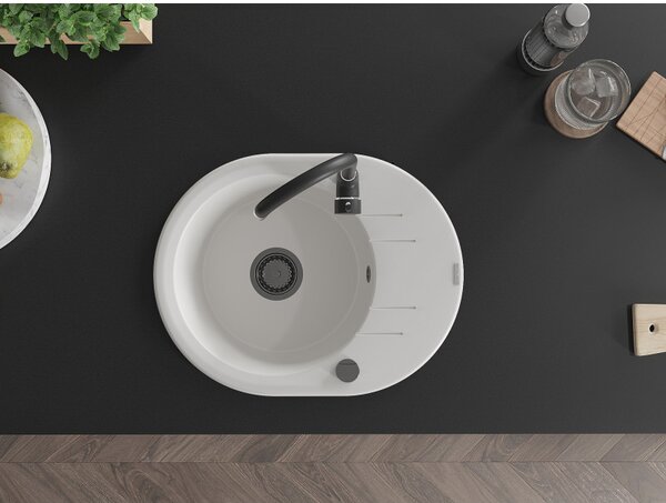 Mexen Kevin, chiuveta granit 586x458x190 mm, 1 camera, alb cu sifon negru, 6517581005-20-B