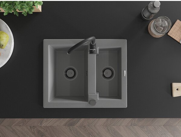 Mexen Carlos, chiuvetă din granit 582x475x177 mm, 1,5 camere, gri cu sifon negru, 6518581500-71-B