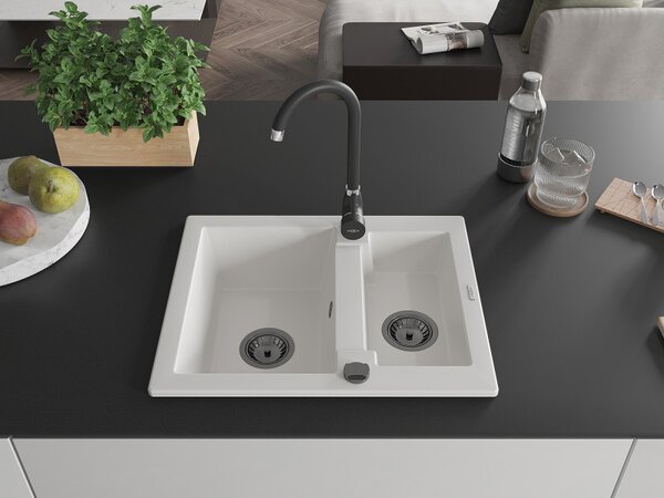 Mexen Carlos, chiuvetă din granit 582x475x177 mm, 1,5 camere, alb cu sifon negru, 6518581500-20-B