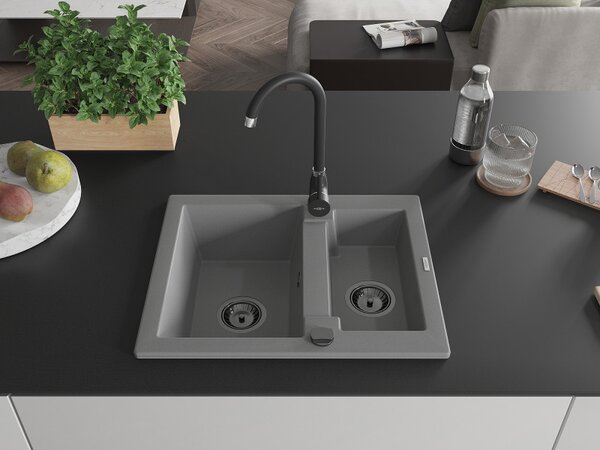 Mexen Carlos, chiuvetă din granit 582x475x177 mm, 1,5 camere, gri cu sifon negru, 6518581500-71-B
