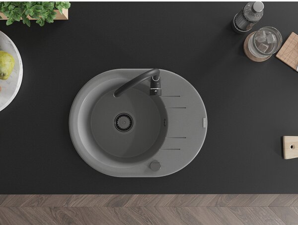 Mexen Kevin, chiuvetă din granit 586x458x190 mm, 1 cameră, gri cu sifon negru, 6517581005-71-B