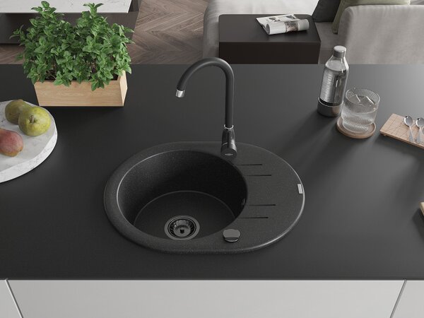 Mexen Kevin, chiuvetă din granit 586x458x190 mm, 1 cameră, negru-argintiu metalic cu sifon negru, 6517581005-73-B