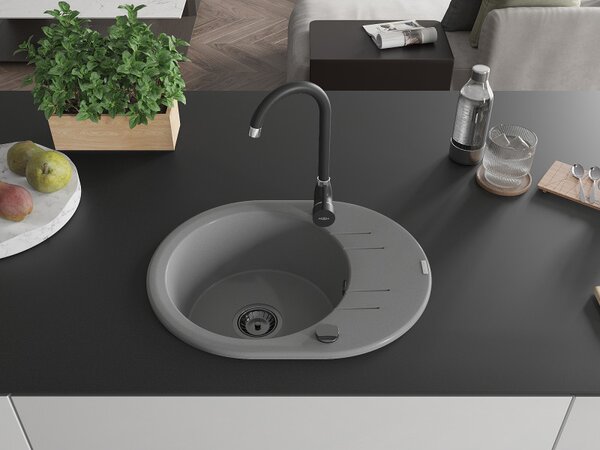 Mexen Kevin, chiuvetă din granit 586x458x190 mm, 1 cameră, gri cu sifon negru, 6517581005-71-B