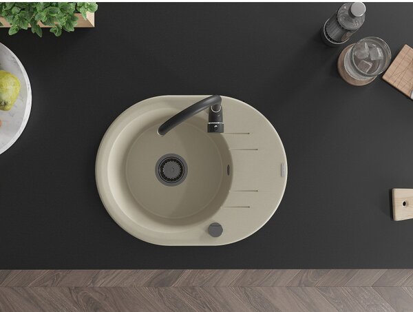 Mexen Kevin, chiuveta granit 586x458x190 mm, 1 camera, bej cu sifon negru, 6517581005-69-B