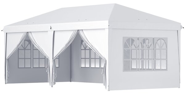 Outsunny Cort 6x3 m pliabil din otel si material Oxford, cort pentru gradina cu 6 pereti laterali, franghii si carlige, alb