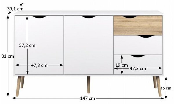 Comoda OSLO 75381, cu 2 usi si 3 sertare, PAL, stejar sonoma/alb, 147,1x81x39,1 cm