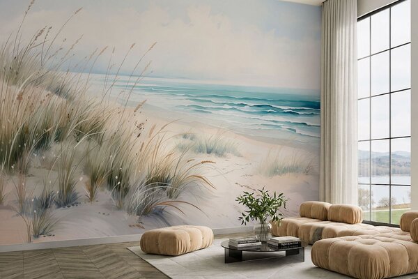 Tapet Plajă cu nisip, valuri și dune, Fototapet Natură, w05537 : Uwalls.ro