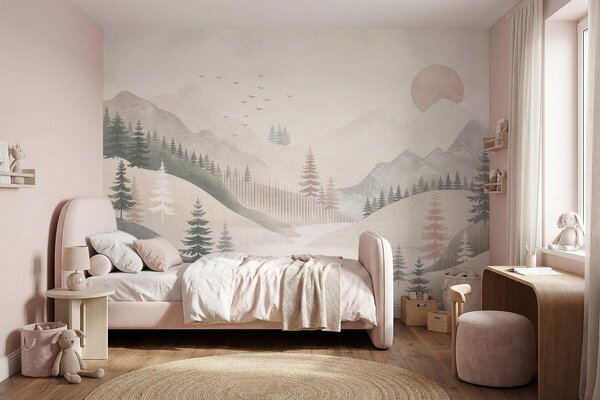 Tapet Peisaj montan minimalist cu pini, Fototapet Natură, w05626 : Uwalls.ro