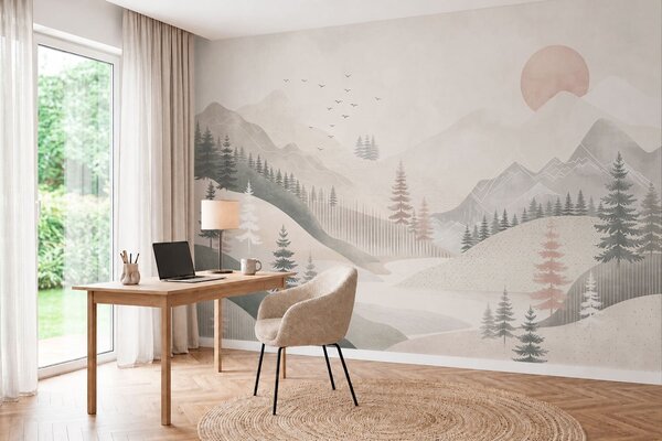 Tapet Peisaj montan minimalist cu pini, Fototapet Natură, w05626 : Uwalls.ro