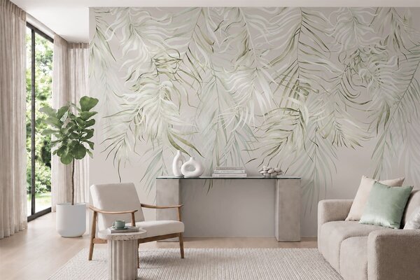 Tapet Frunze tropicale în culori pastelate pe un fundal deschis, Fototapet pădure, Fototapet Tropics, w05627 : Uwalls.ro