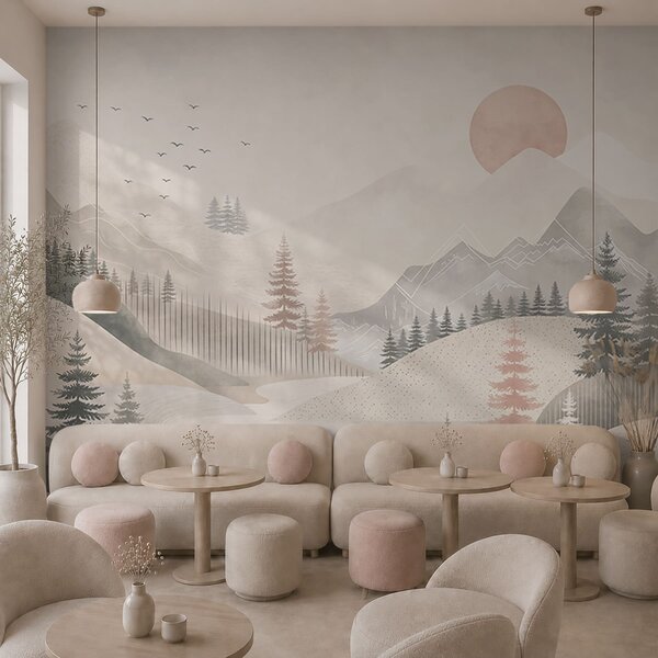 Tapet Peisaj montan minimalist cu pini, Fototapet Natură, w05626 : Uwalls.ro