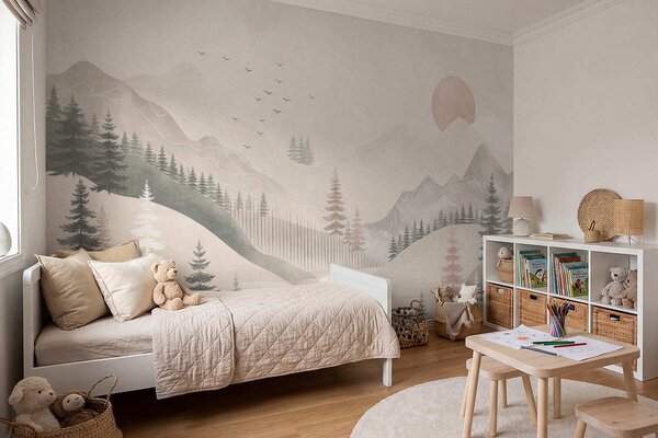 Tapet Peisaj montan minimalist cu pini, Fototapet Natură, w05626 : Uwalls.ro