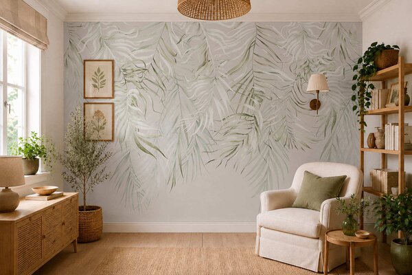 Tapet Frunze tropicale în culori pastelate pe un fundal deschis, Fototapet pădure, Fototapet Tropics, w05627 : Uwalls.ro