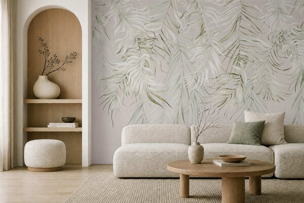 Tapet Frunze tropicale în culori pastelate pe un fundal deschis, Fototapet pădure, Fototapet Tropics, w05627 : Uwalls.ro