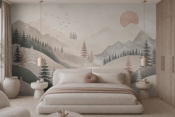Tapet Peisaj montan minimalist cu pini, Fototapet Natură, w05626 : Uwalls.ro