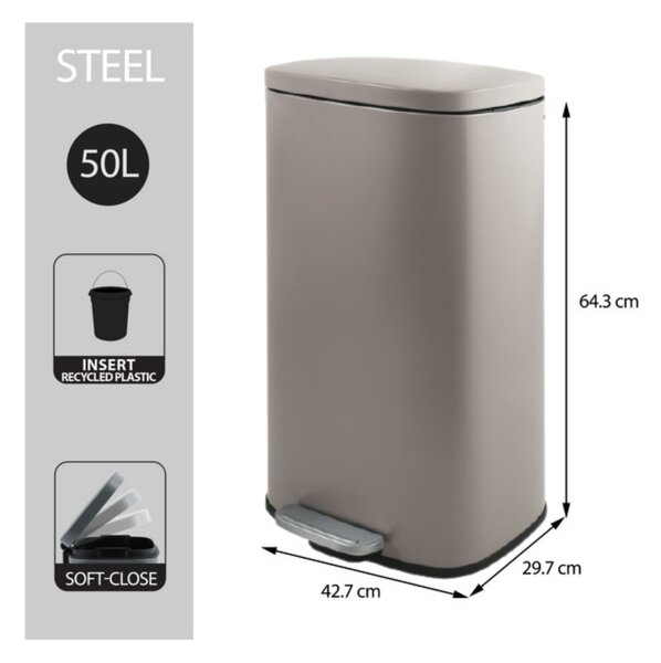 Coș de gunoi taupe cu pedală din oțel 50 l Akira – Spirella
