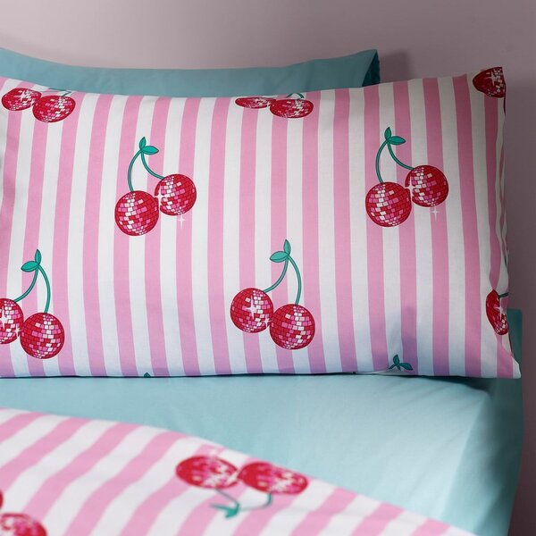 Lenjerie de pat albă-roz pentru pat de o persoană 135x200 cm Disco Cherries Stripes – Catherine Lansfield