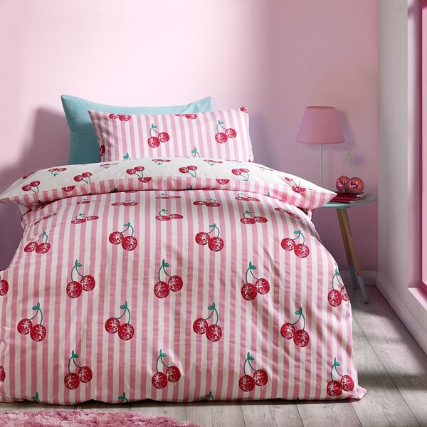 Lenjerie de pat albă-roz pentru pat de o persoană 135x200 cm Disco Cherries Stripes – Catherine Lansfield