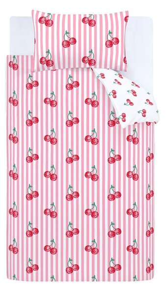 Lenjerie de pat albă-roz pentru pat de o persoană 135x200 cm Disco Cherries Stripes – Catherine Lansfield