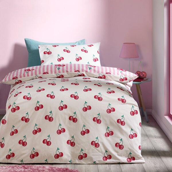 Lenjerie de pat albă-roz pentru pat de o persoană 135x200 cm Disco Cherries Stripes – Catherine Lansfield