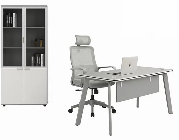 Set Serenity & Calvena - Birou cu dulap lateral, scaun ergonomic si dulap de depozitare cu usi din sticla