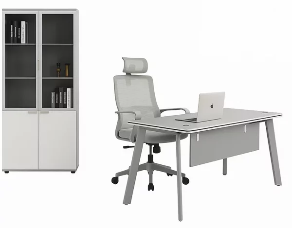 Set Serenity & Calvena - Birou cu dulap lateral, scaun ergonomic si dulap de depozitare cu usi din sticla