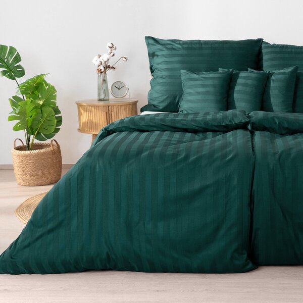 Goldea lenjerie de pat din damasc - dungi verde închis cu luciu satinat 180 x 200 și 2buc 50 x 70 cm