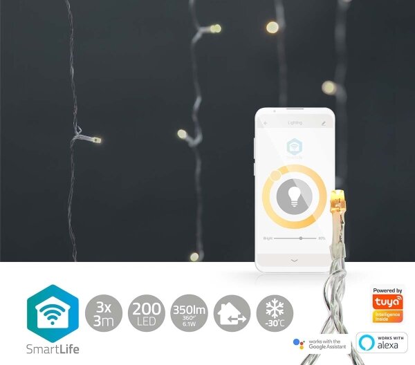 Perdea LED de Crăciun 200xLED/8 funcții 6m IP65 Wi-Fi Tuya cald Nedis WIFILXC01W200