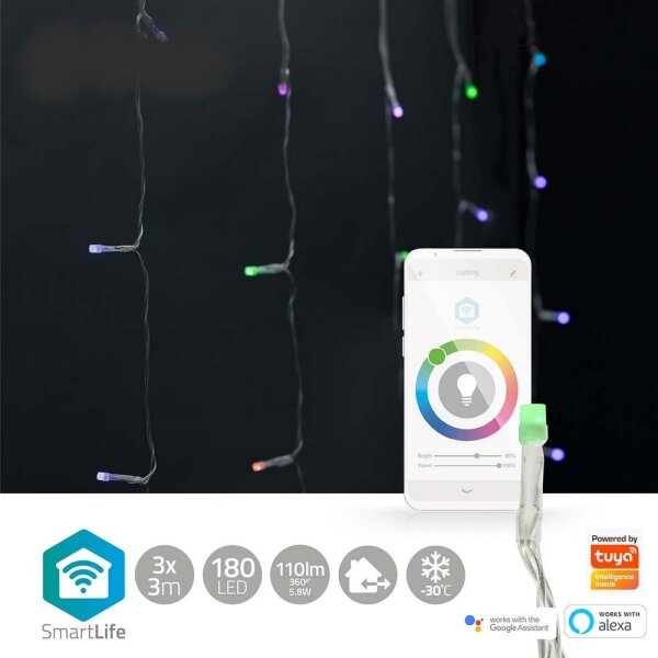 Nedis WIFILXC01C180 - perdea luminoasă LED RGB de Crăciun 180xLED/7 funcții 6m IP65 Wi-Fi Tuya