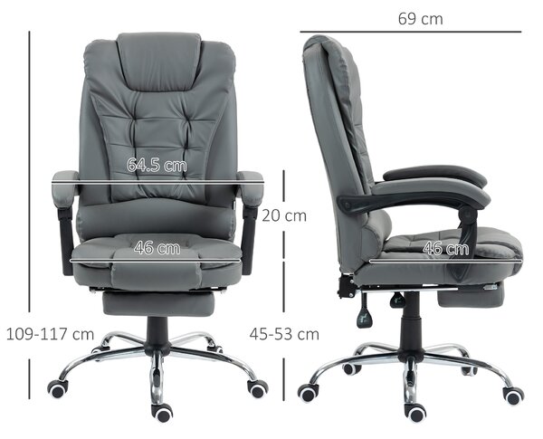 HOMCOM Fotoliu Prezidențial de Birou Rotativ cu Spătar Înalt Reglabil și Suport pentru Picioare, 64,5x69x109-117 cm, Gri | Aosom Romania