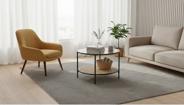 Masuta cafea DAKOTA, negru fumuriu/negru, ratan sintetic/otel, 60x60x4