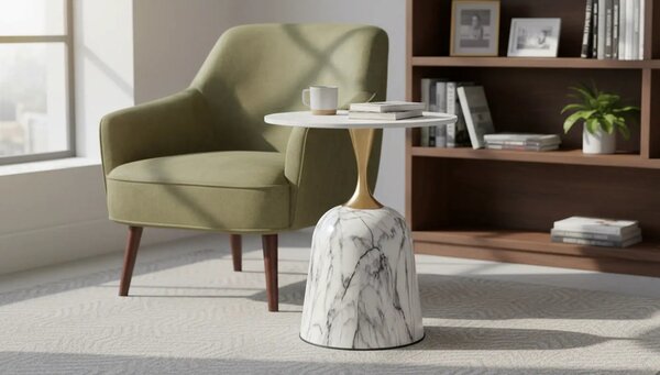 Masuta cafea FAMA, alb cu imprimeu marmura/auriu, ceramica/metal, 50x5