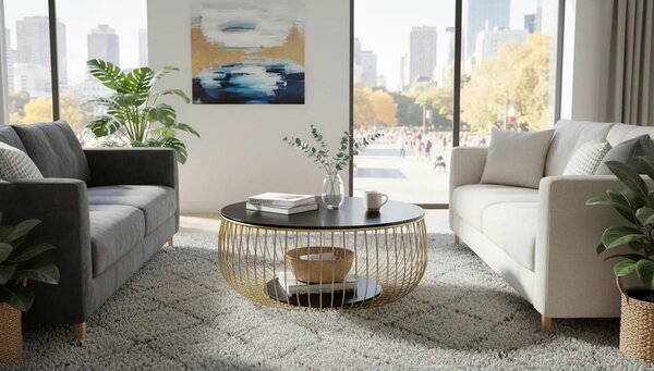 Masuta cafea BOWL, negru/auriu, sticla securizata/metal, 86x86x35 cm