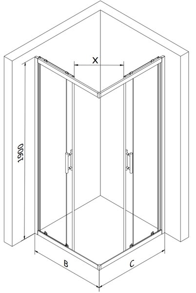 Mexen Rio, duș pătrat cu ușă glisantă 90(uşă) x 90(uşă) x 190 cm, sticlă mată 6mm, profil auriu + cadă de duș RIO albă, 860-090-090-50-30-4510