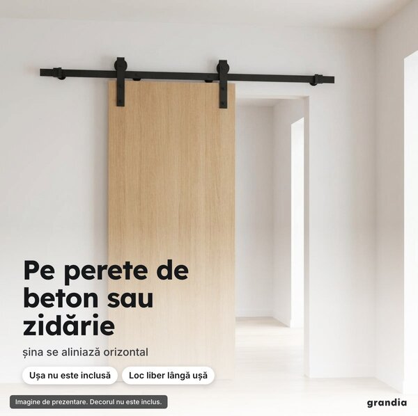 Set șină pentru ușă glisantă 183 cm, negru mat, pentru uși de 35–45 mm (fără ușă)