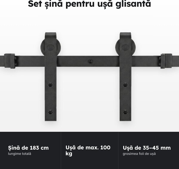 Set șină pentru ușă glisantă 183 cm, negru mat, pentru uși de 35–45 mm (fără ușă)