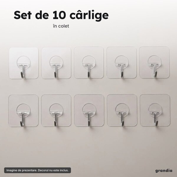 Set 10 cârlige autoadezive transparente, cu montaj fără găurire